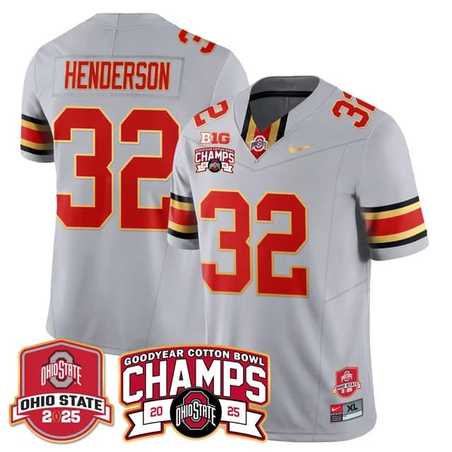 Men's Ohio State Buckeyes 2024 Cotton Bowl Champions Gold Jersey N5 - All Stitched TreVeyon Henderson - #32