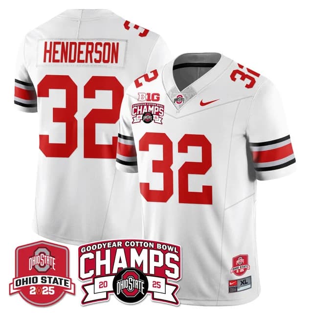 Men's Ohio State Buckeyes 2024 Cotton Bowl Champions Gold Jersey N5 - All Stitched TreVeyon Henderson -  32