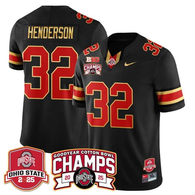 Men's Ohio State Buckeyes 2024 Cotton Bowl Champions Gold Jersey N5 - All Stitched TreVeyon Henderson -# 32