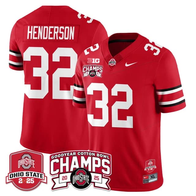 Men's Ohio State Buckeyes 2024 Cotton Bowl Champions Gold Jersey N5 - All Stitched TreVeyon Henderson - 32 #