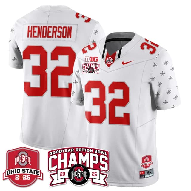 Men's Ohio State Buckeyes 2024 Cotton Bowl Champions Gold Jersey N5 - All Stitched TreVeyon Henderson  32