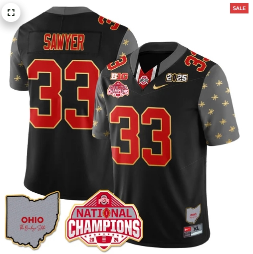 Men's Ohio State Buckeyes 2024 National Champions Limited Gold Jersey N1 - All Stitched Black Jack Sawyer - 33