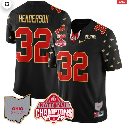 Men's Ohio State Buckeyes 2024 National Champions Limited Gold Jersey N1 - All Stitched Black Limited Treveyon Henderson - 32