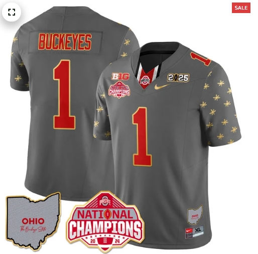 Men's Ohio State Buckeyes 2024 National Champions Limited Gold Jersey N1 - All Stitched Gray #1 Buckeyes