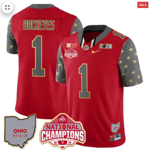 Men's Ohio State Buckeyes 2024 National Champions Limited Gold Jersey N1 - All Stitched Red #1 Buckeyes