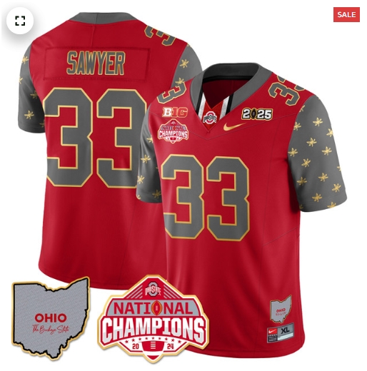 Men's Ohio State Buckeyes 2024 National Champions Limited Gold Jersey N1 - All Stitched Red Jack Sawyer - 33