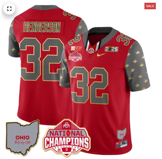 Men's Ohio State Buckeyes 2024 National Champions Limited Gold Jersey N1 - All Stitched Red Treveyon Henderson - 32