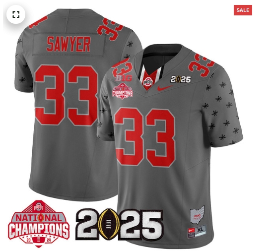Men's Ohio State Buckeyes 2024 National Champions Limited Jersey N2 - All Stitched Gray Jack Sawyer - 33