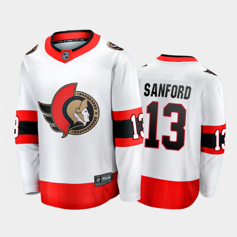 Men's Ottawa Senators #13 Zach Sanford Adidas 2020-21 White Red Away Player Jersey Stitched