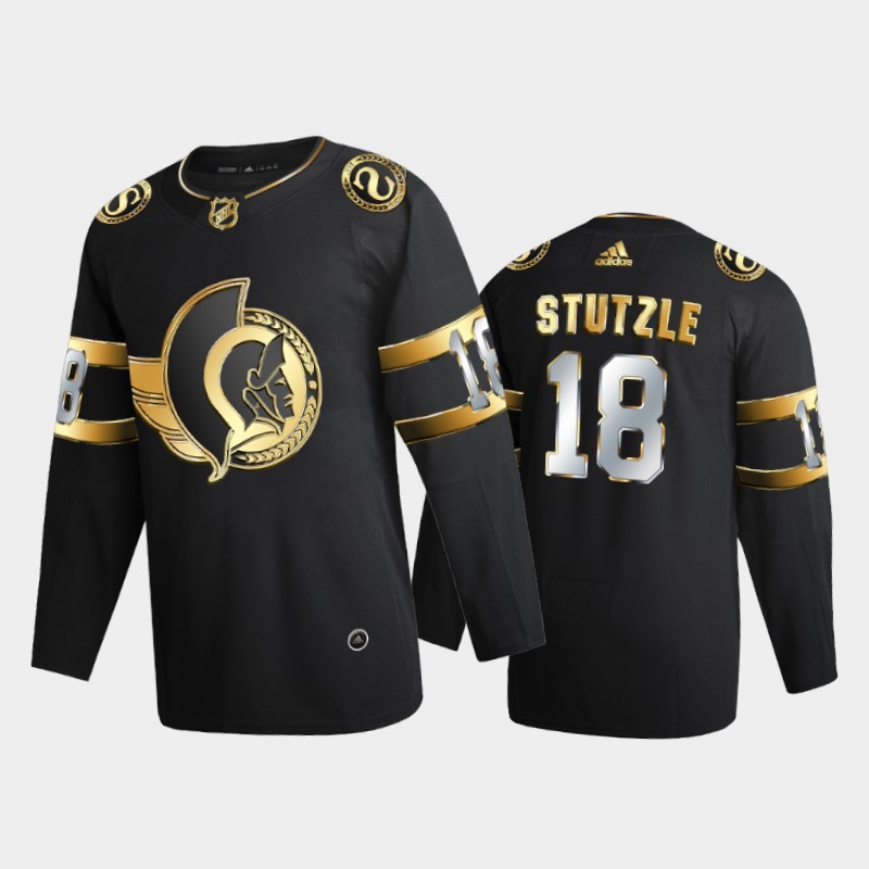 Men's Ottawa Senators #18 Tim Stutzle Adidas Black Golden Limited Edition Jersey Stitched