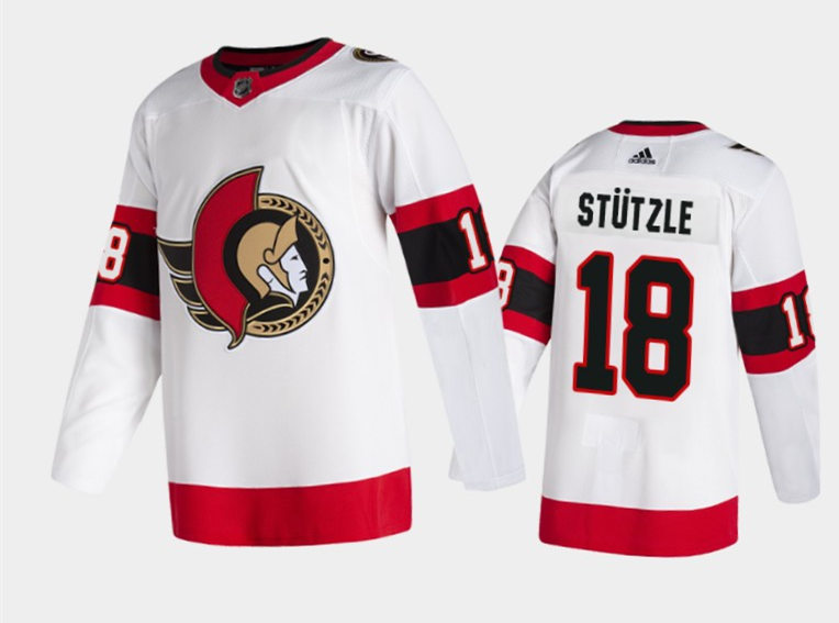 Men's Ottawa Senators #18 Tim Stutzle Tim Stuetzle White Red Away Adidas Jersey Stitched
