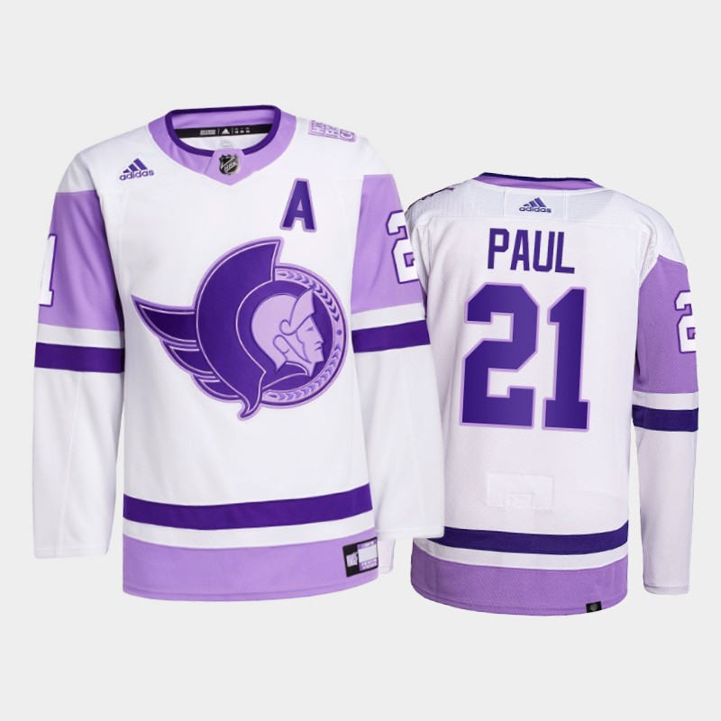 Men's Ottawa Senators #21 Nick Paul 2021 White Primegreen Hockey Fights Cancer Jersey Stitched