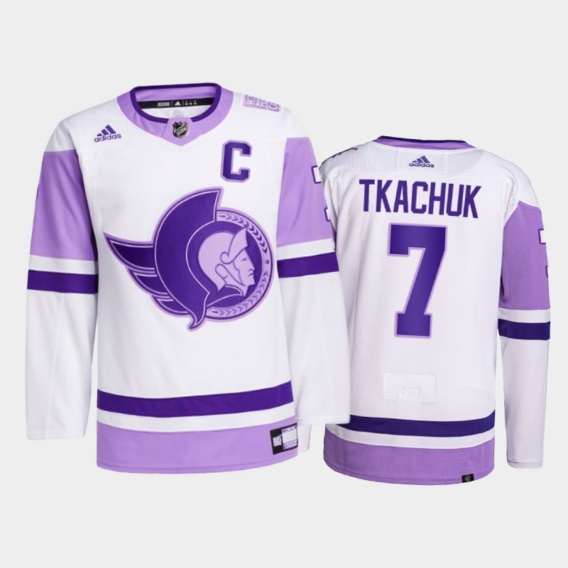 Men's Ottawa Senators #7 Brady Tkachuk 2021 White Primegreen Hockey Fights Cancer Jersey Stitched