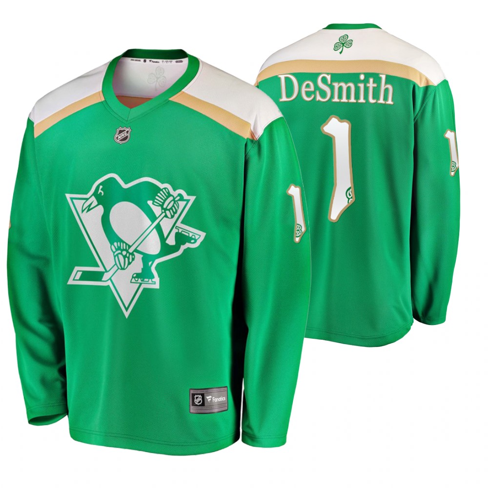 Men's Penguins #1 Casey DeSmith Replica St. Patrick's Day Jersey Green
