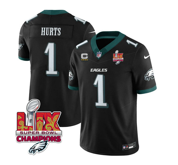 Men's Philadelphia Eagles #1 Jalen Hurts Black 2025 Eagles Logo Super Bowl LIX Patch New F.U.S.E. Vapor Untouchable Limited Football Stitched Jersey