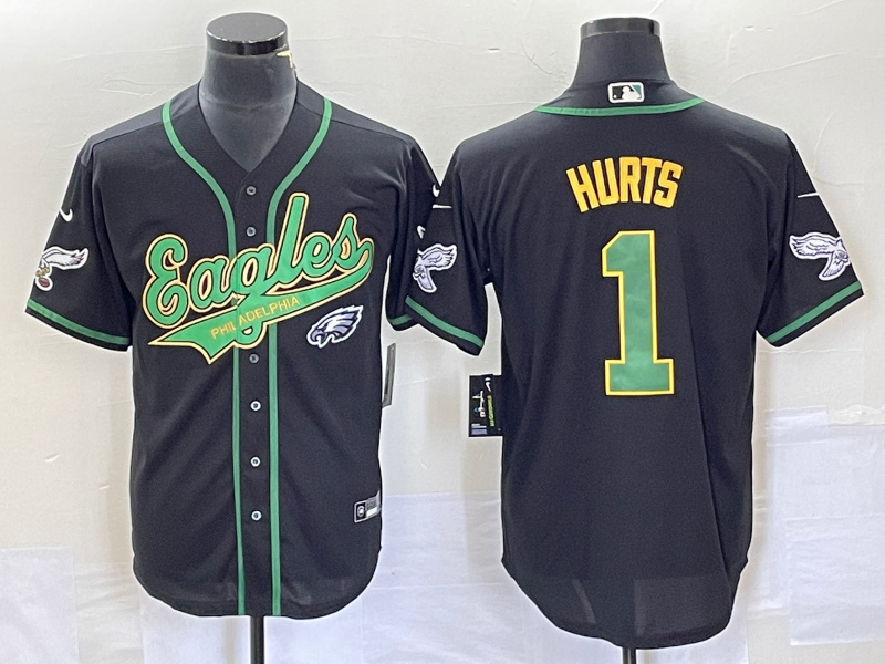 Men's Philadelphia Eagles #1 Jalen Hurts Black Cool Base Stitched Baseball Jersey1