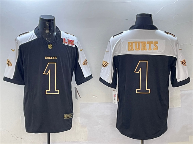 Men's Philadelphia Eagles #1 Jalen Hurts Black Gold 2025 Super Bowl LIX Patch New F.U.S.E. Vapor Untouchable Limited Football Stitched Jersey