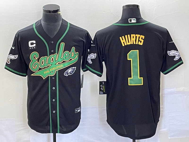 Men's Philadelphia Eagles #1 Jalen Hurts Black With C Patch Cool Base Stitched Baseball Jersey1