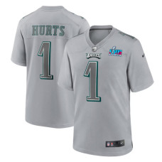 Men's Philadelphia Eagles #1 Jalen Hurts Gray Super Bowl LVII Patch Atmosphere Fashion Stitched Game Jersey