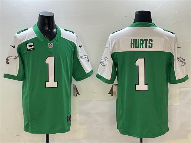 Men's Philadelphia Eagles #1 Jalen Hurts Green White F.U.S.E. 4-Star C Patch Vapor Untouchable Limited Football Stitched Jersey