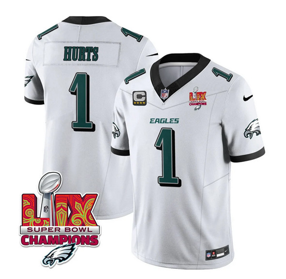 Men's Philadelphia Eagles #1 Jalen Hurts White 2025 Eagles Logo Super Bowl LIX Patch New F.U.S.E. Vapor Untouchable Limited Football Stitched Jersey