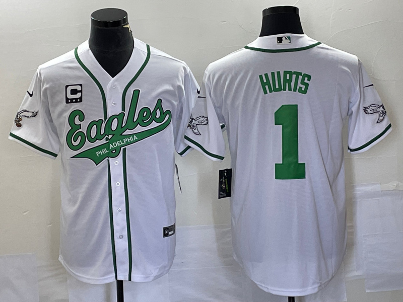 Men's Philadelphia Eagles #1 Jalen Hurts White C Patch Cool Base Stitched Baseball Jersey2