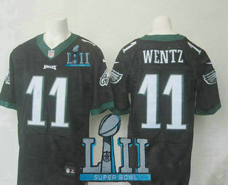 Men's Philadelphia Eagles #11 Carson Wentz Black 2018 Super Bowl LII Patch Alternate Stitched NFL Nike Elite Jersey