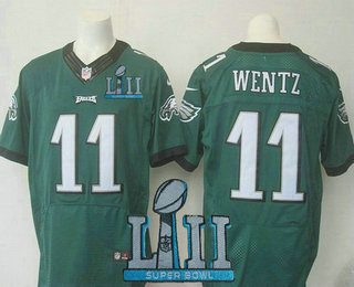 Men's Philadelphia Eagles #11 Carson Wentz Green 2018 Super Bowl LII Patch Team Color Stitched NFL Nike Elite Jersey