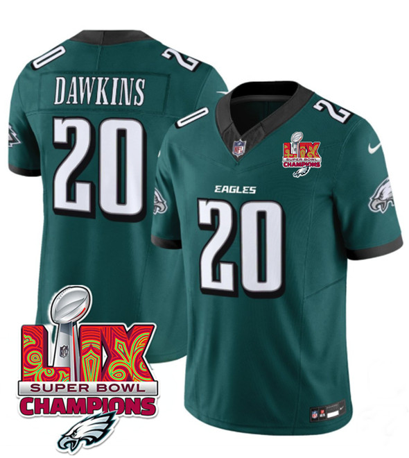 Men's Philadelphia Eagles #20 Brian Dawkins Green 2025 Eagles Logo Super Bowl LIX Patch New F.U.S.E. Vapor Limited Football Stitched Jersey