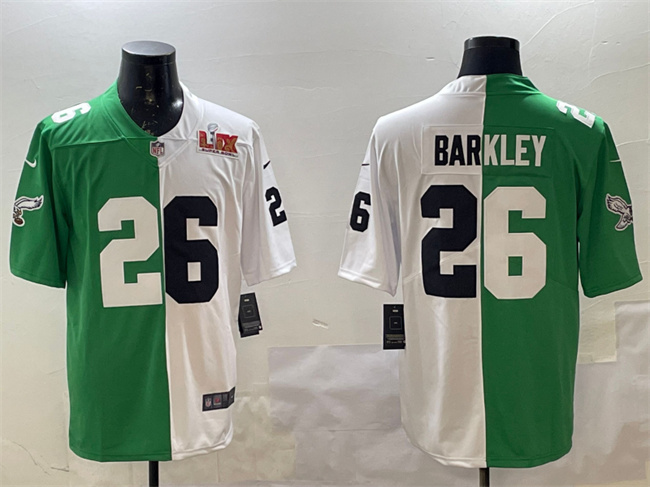 Men's Philadelphia Eagles #26 Saquon Barkley Green White Split 2025 Super Bowl LIX Patch Vapor Untouchable Limited Football Stitched Jersey