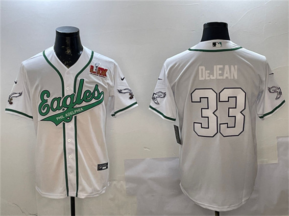Men's Philadelphia Eagles #33 Cooper DeJean White 2025 Super Bowl LIX Patch Cool Base Stitched Baseball Jersey