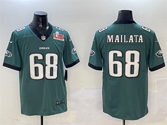 Men's Philadelphia Eagles #68 Jordan Mailata Green 2025 Super Bowl LIX Patch New Vapor Untouchable Limited Football Stitched Jersey