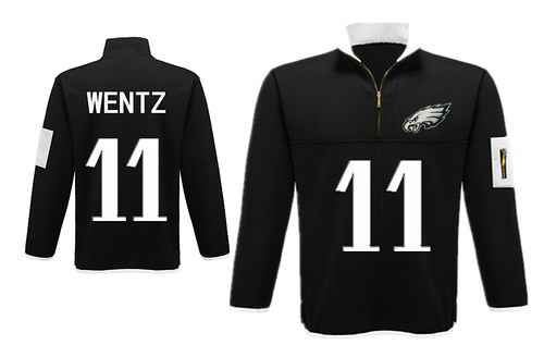 Men's Philadelphia Eagles 11 Wentz Antigua Charcoal Fortune Sweater Knit Microfleece Quarter-Zip Pullover Black Jacket