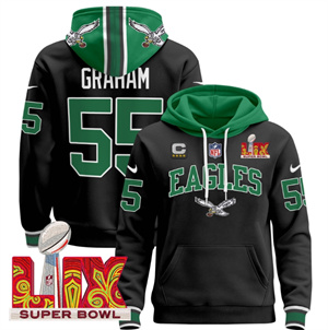 Men's Philadelphia Eagles Super Bowl LIX Patch Pullover Hoodie - All Stitched  Black Brandon Graham55