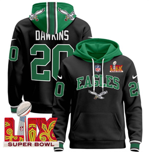 Men's Philadelphia Eagles Super Bowl LIX Patch Pullover Hoodie - All Stitched  Black Brian Dawkins 20
