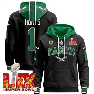 Men's Philadelphia Eagles Super Bowl LIX Patch Pullover Hoodie - All Stitched  Black Jalen Hurts 1