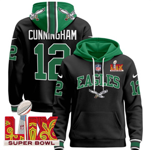 Men's Philadelphia Eagles Super Bowl LIX Patch Pullover Hoodie - All Stitched  Black Randall Cunningham 12