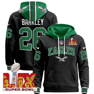 Men's Philadelphia Eagles Super Bowl LIX Patch Pullover Hoodie - All Stitched  Black Saquon Barkley 26
