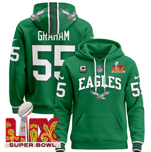 Men's Philadelphia Eagles Super Bowl LIX Patch Pullover Hoodie - All Stitched  Kelly Green Brandon Graham 55