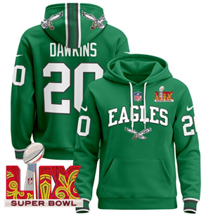 Men's Philadelphia Eagles Super Bowl LIX Patch Pullover Hoodie - All Stitched  Kelly Green Brian Dawkins 20