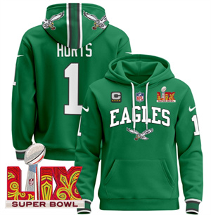 Men's Philadelphia Eagles Super Bowl LIX Patch Pullover Hoodie - All Stitched  Kelly Green Jalen Hurts 1