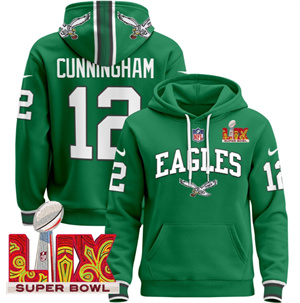 Men's Philadelphia Eagles Super Bowl LIX Patch Pullover Hoodie - All Stitched  Kelly Green Randall Cunningham 12