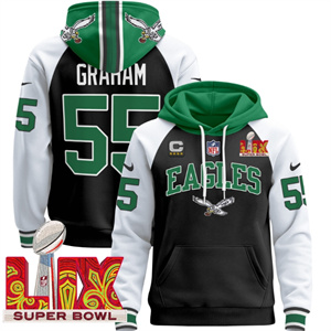 Men's Philadelphia Eagles Super Bowl LIX Patch Pullover Hoodie - All Stitched Black Alternate Brandon Graham 55