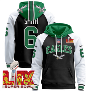 Men's Philadelphia Eagles Super Bowl LIX Patch Pullover Hoodie - All Stitched Black Alternate DeVonta Smith 6