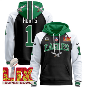 Men's Philadelphia Eagles Super Bowl LIX Patch Pullover Hoodie - All Stitched Black Alternate Jalen Hurts 1