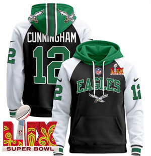 Men's Philadelphia Eagles Super Bowl LIX Patch Pullover Hoodie - All Stitched Black Alternate Randall Cunningham 12