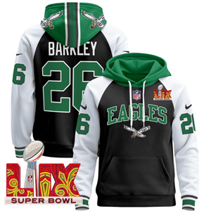 Men's Philadelphia Eagles Super Bowl LIX Patch Pullover Hoodie - All Stitched Black Alternate Saquon Barkley 26