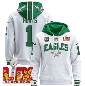 Men's Philadelphia Eagles Super Bowl LIX Patch Pullover Hoodie - All Stitched Kelly White Jalen Hurts 1