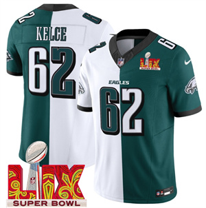 Men's Philadelphia Eagles Super Bowl LIX Patch Vapor Limited Jersey - All Stitched Green Alternate Split Jason Kelce