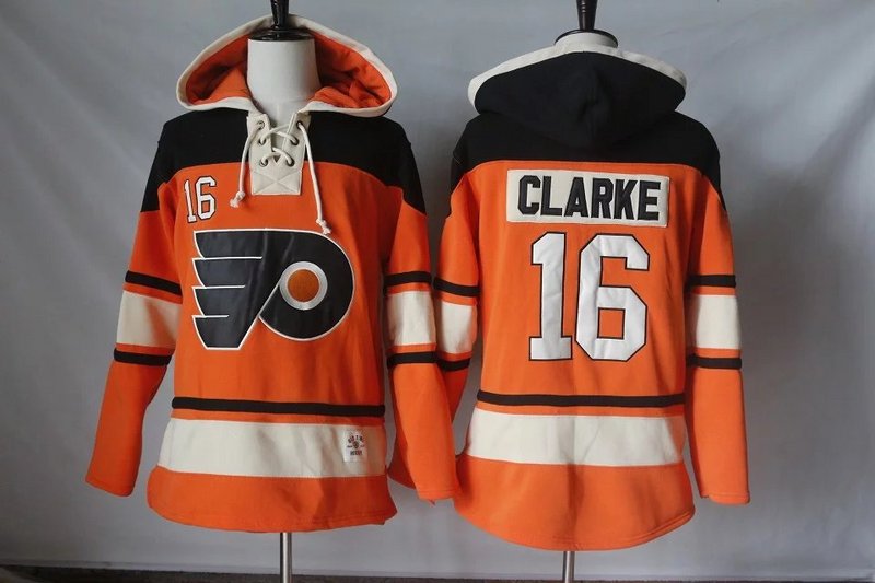 Men's Philadelphia Flyers #16 Bobby Clarke Orange Premier Alternate Hockey Hoodie Stitched